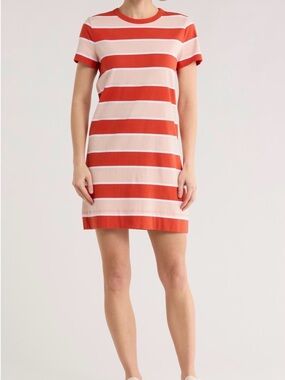 Madewell Coral and Cream Striped Tee Dress